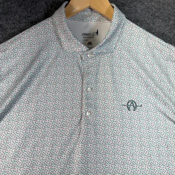 Johnnie-O Springwood Performance Polo Shirt Mens Large Porto Pink Geometric Golf - Picture 2 of 9